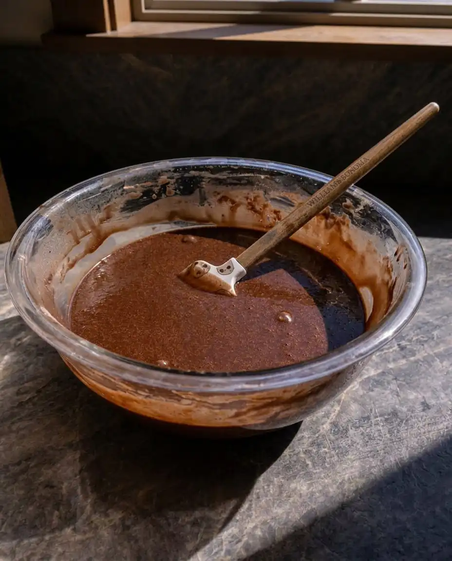 Bowl of dark chocolate cake batter with cocoa powder and ingredients nearby