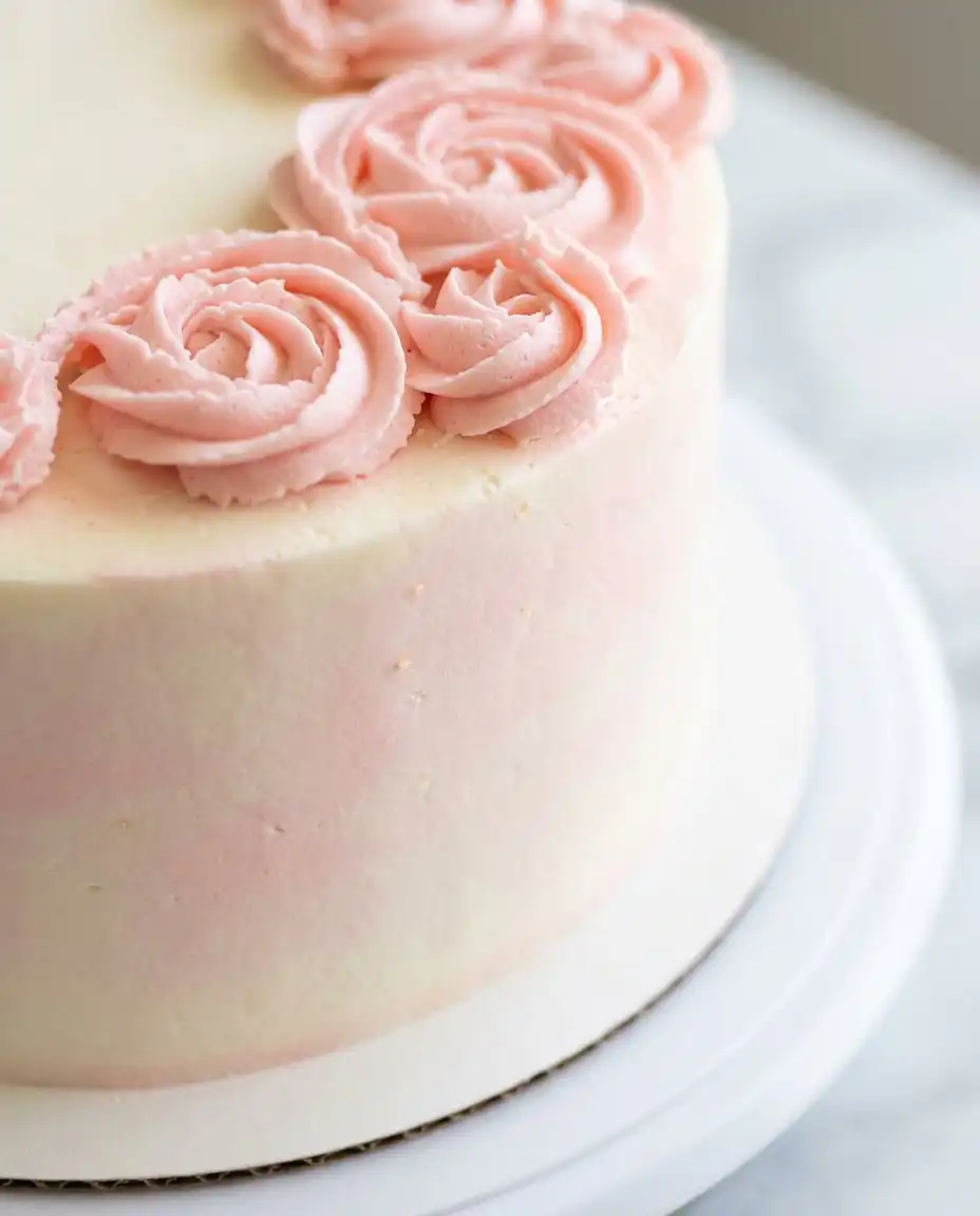 Rose Water Layer Cake 12 A three layer rose water layer cake resting on a vintage wire cooling rack in a sunny kitchen.