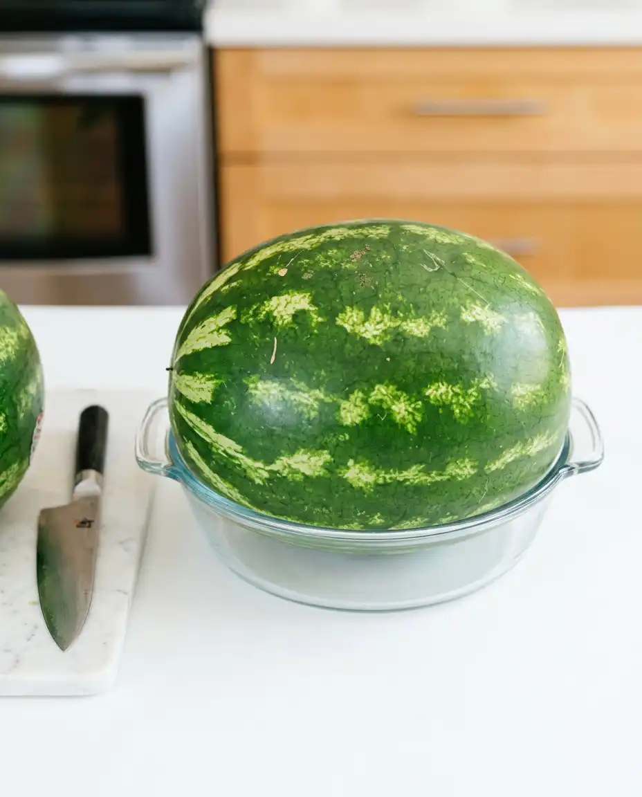 Hands placing wood skewers into a Fresh Watermelon Layer Cake for stability.