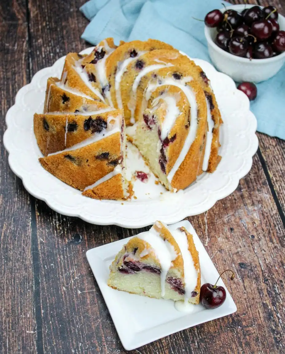 A slice of cherry amaretto bundt cake on a decorative plate