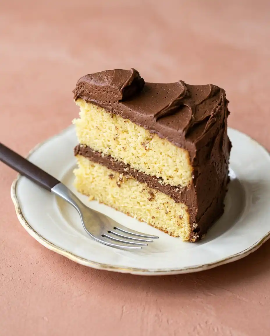 Serving a slice of Classic Two-Layer Yellow Cake with Chocolate Frosting at a celebration.