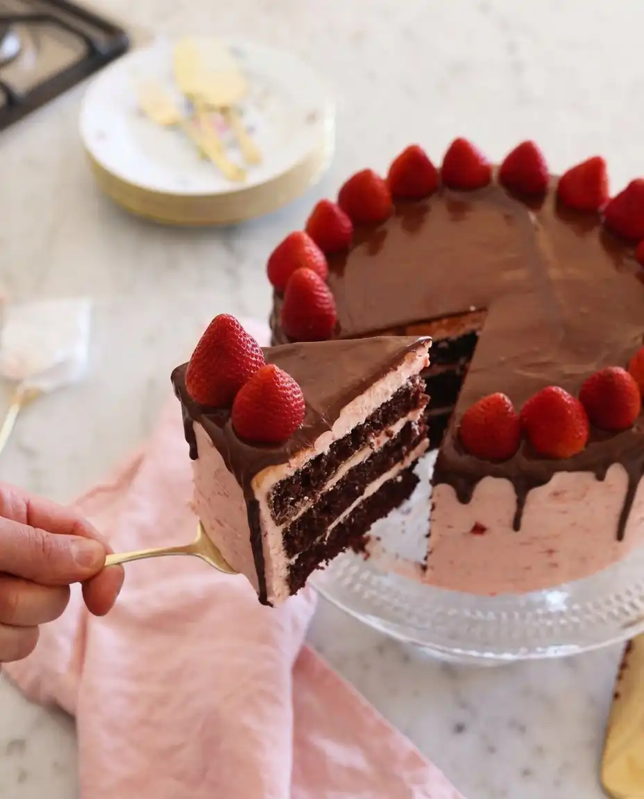 A single slice of chocolate strawberry cake on a white plate with a fork.