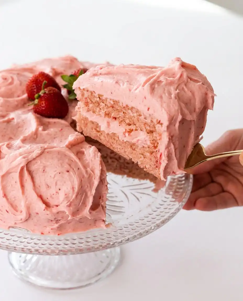 Strawberry Cake 16 A single slice of Strawberry Cake served on a vintage plate with a fork nearby.