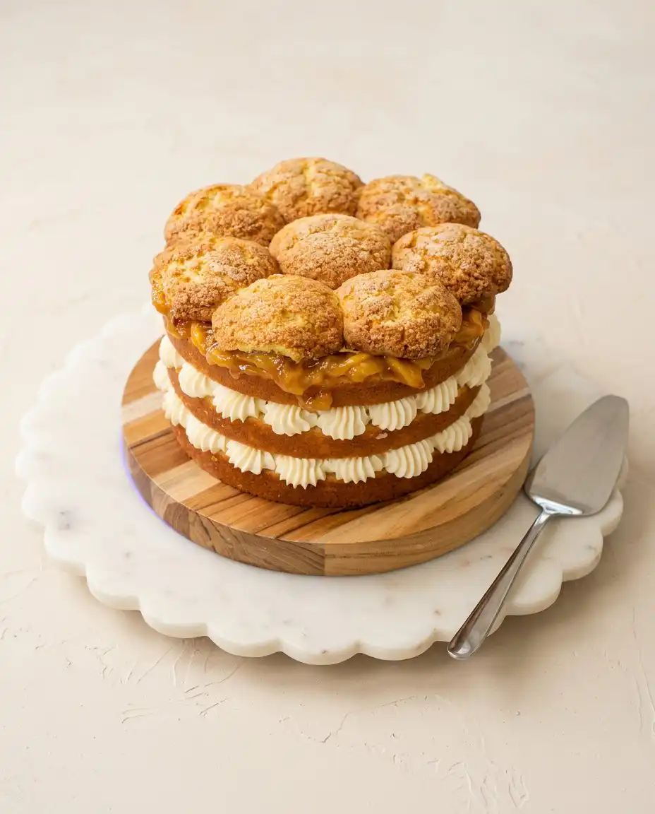 A single slice of Peach Cobbler Layer Cake showing the fruit filling layers.