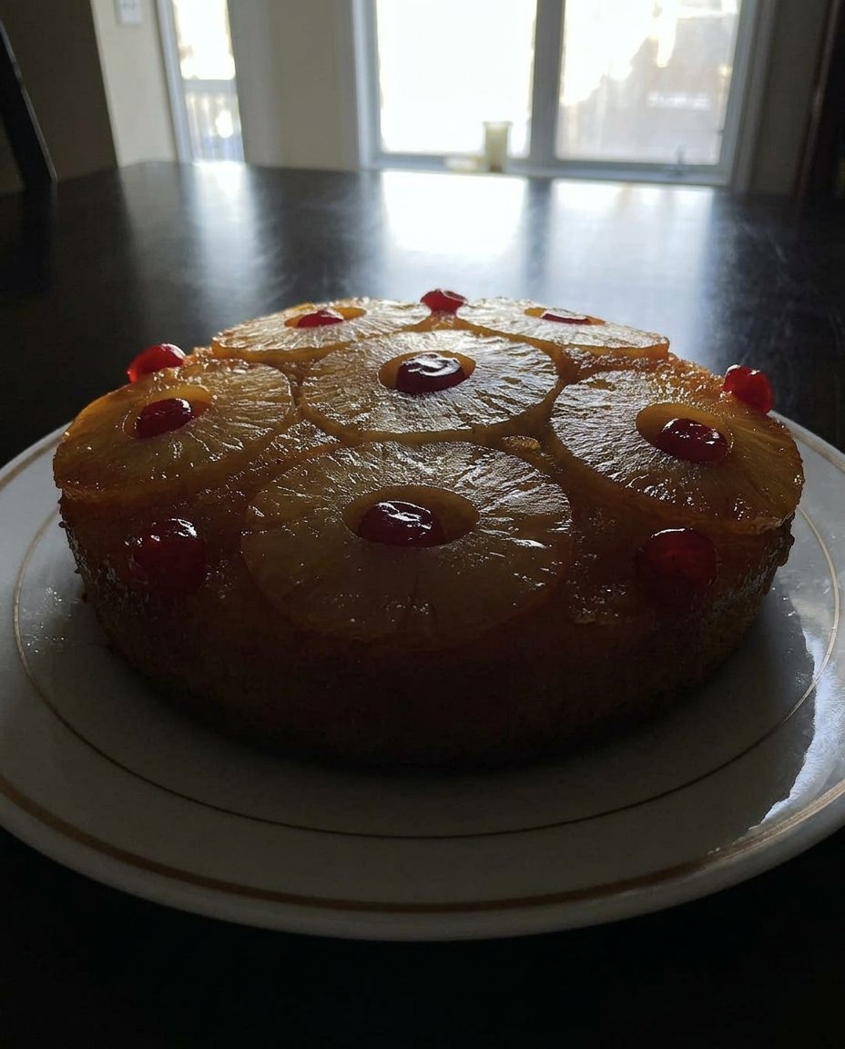 A slice of pineapple cake on a white plate with a fork