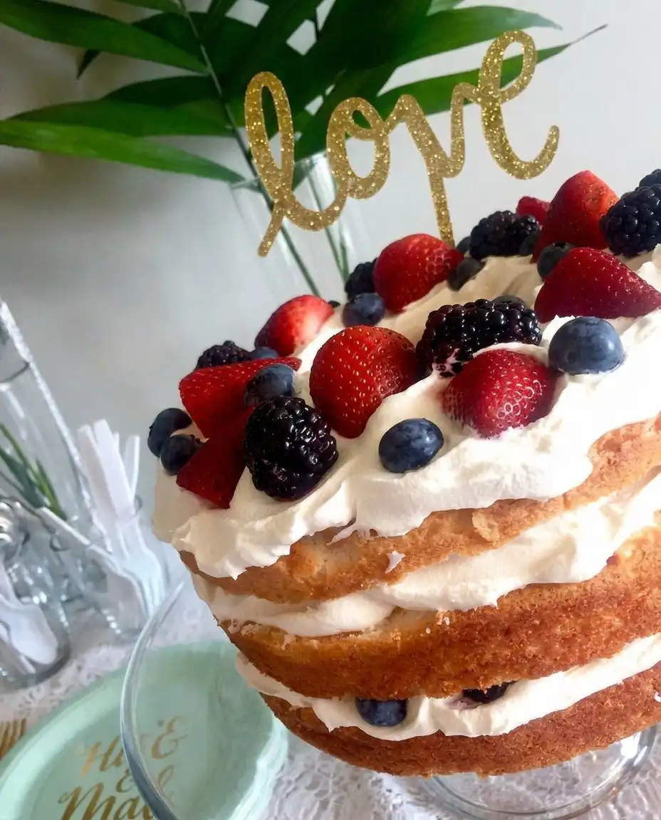 A thick slice of angel food cake with berries served on a white plate.