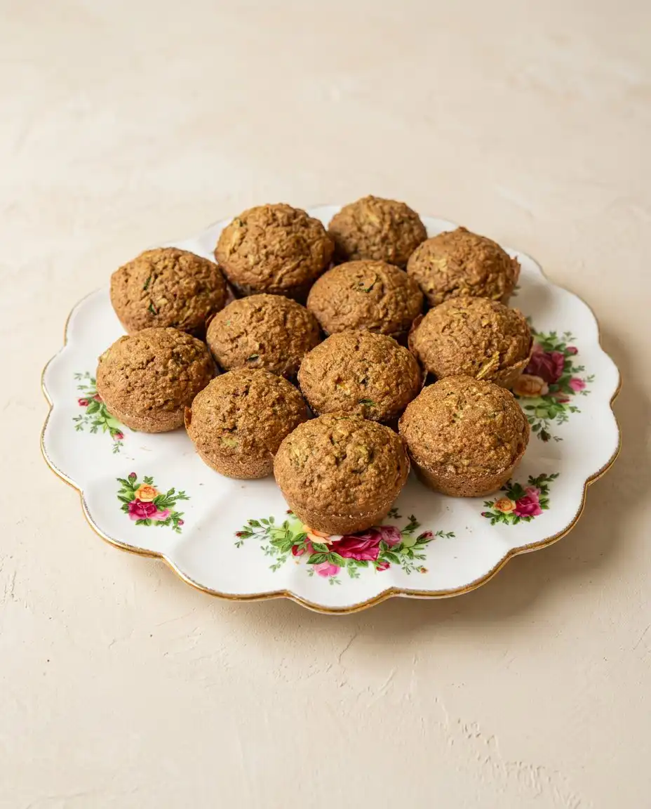 A warm Banana Zucchini Muffins 2 split open with a pat of melting butter on a ceramic plate.