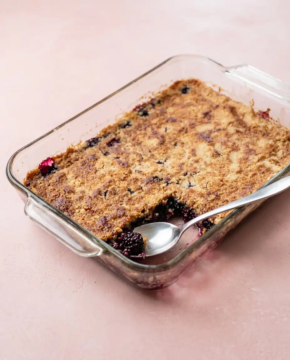 A scoop of Blackberry Dump Cake with Cake Mix topped with vanilla ice cream.