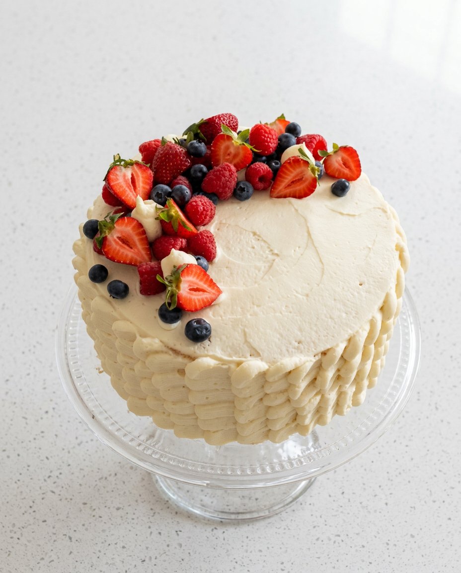 A single slice of Chantilly Cake showing the cream and berry layers inside.
