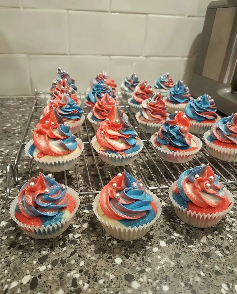 Serving patriotic cupcakes on a white platter