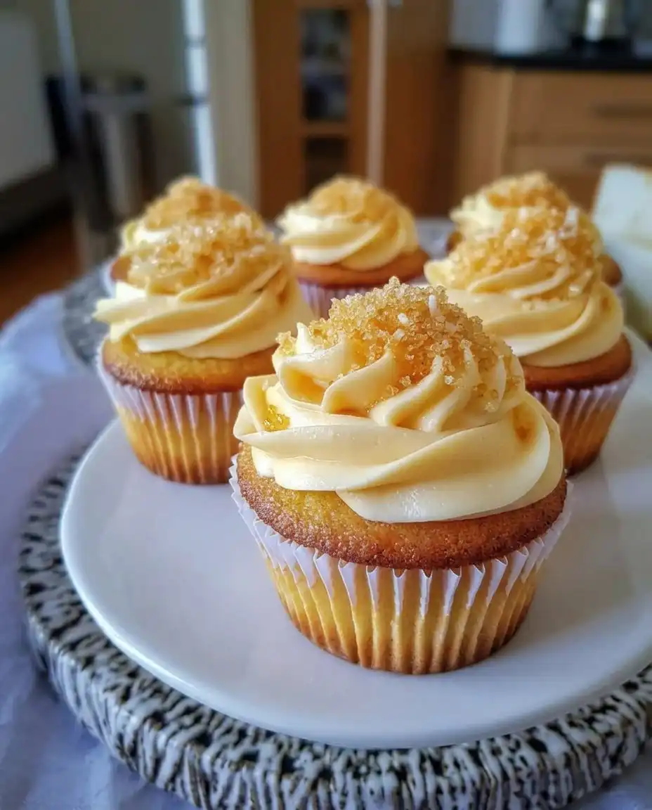A plate of honey peach cream cheese cupcakes served with a glass of milk