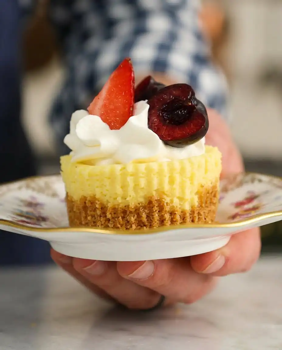Mini cheesecake cups served on a plate with fresh strawberries.