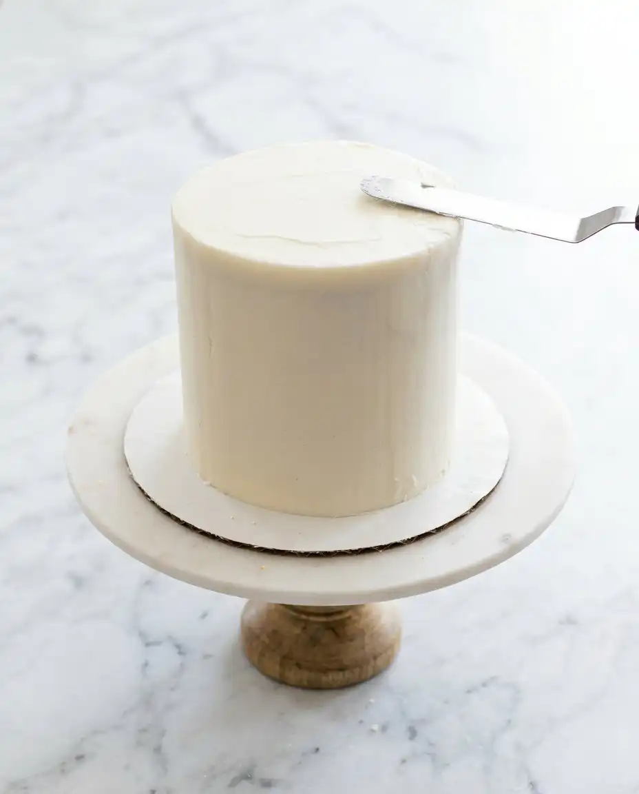 A slice of Mini Vanilla Layer Cakes served on a white china plate with a fork.