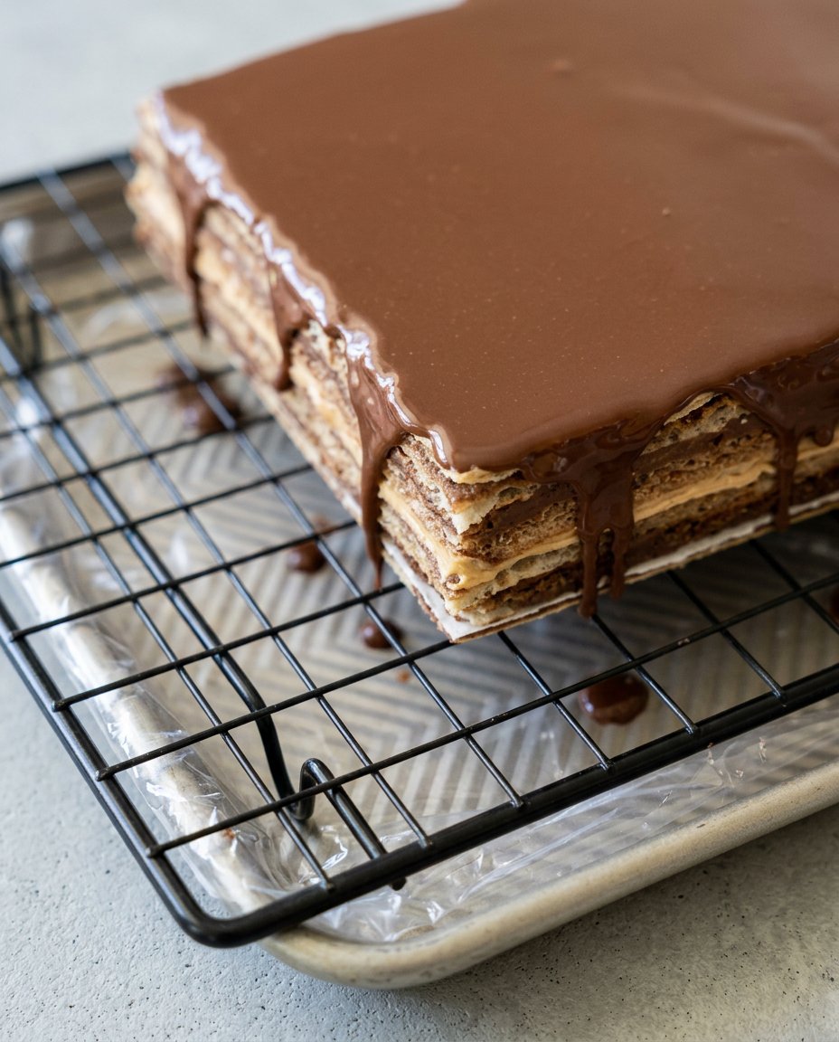 A slice of Opera Cake served next to a cup of hot coffee.