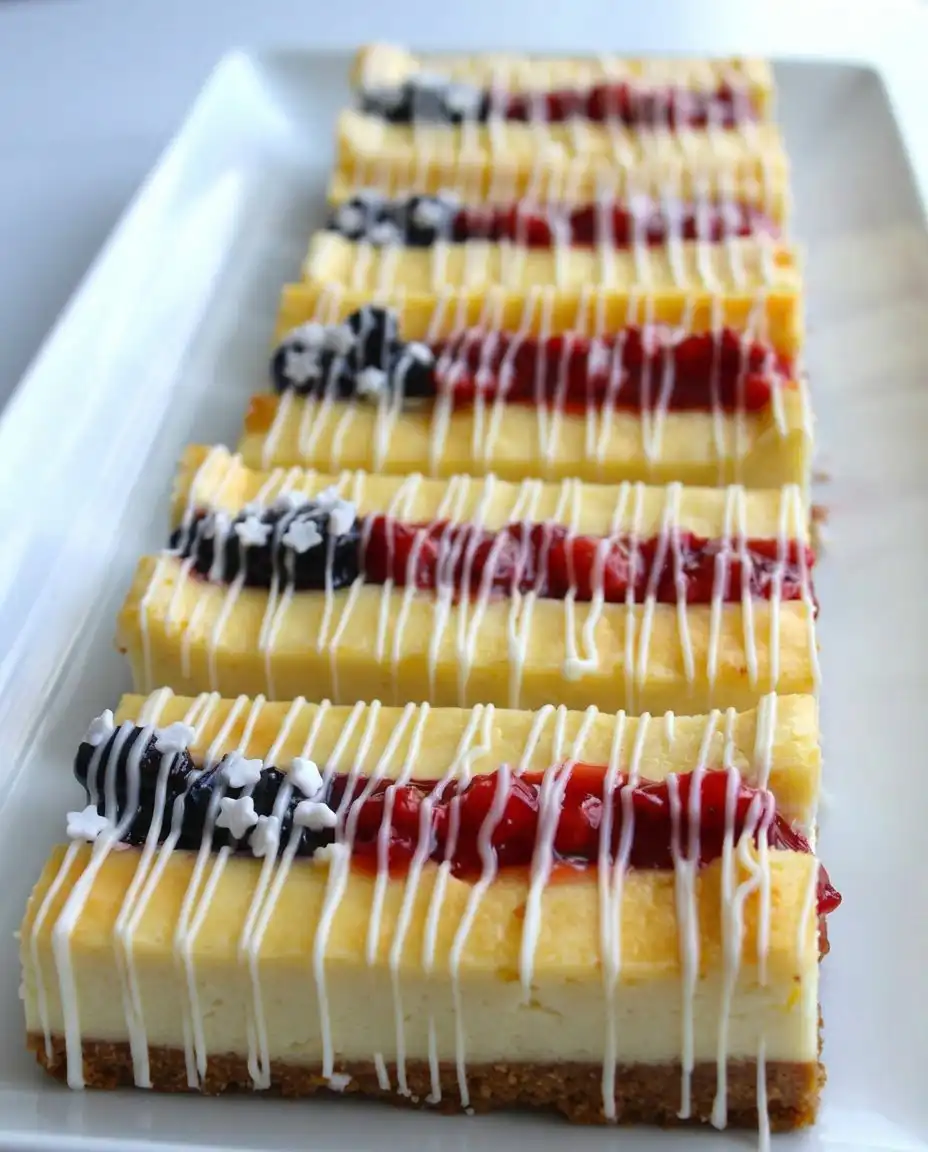 A single patriotic cheesecake bar served on a small plate with coffee