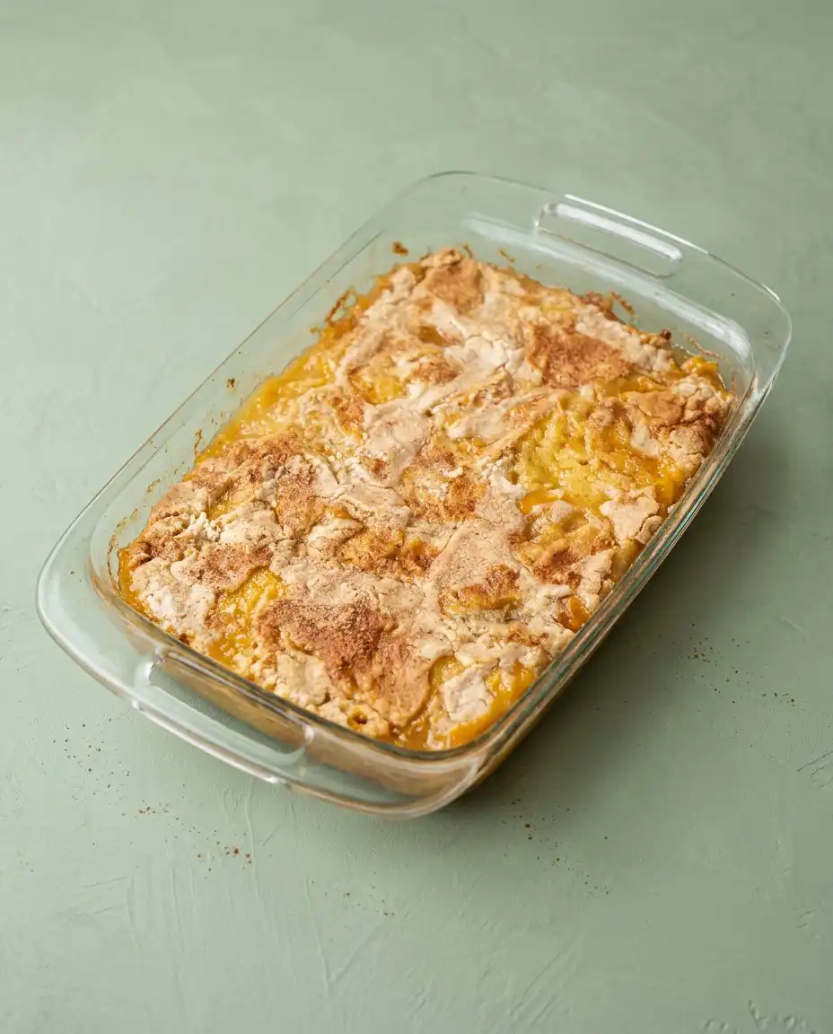 3-Ingredient Peach Cobbler Dump Cake 16 A bowl of 3-Ingredient Peach Cobbler Dump Cake topped with a scoop of vanilla ice cream.