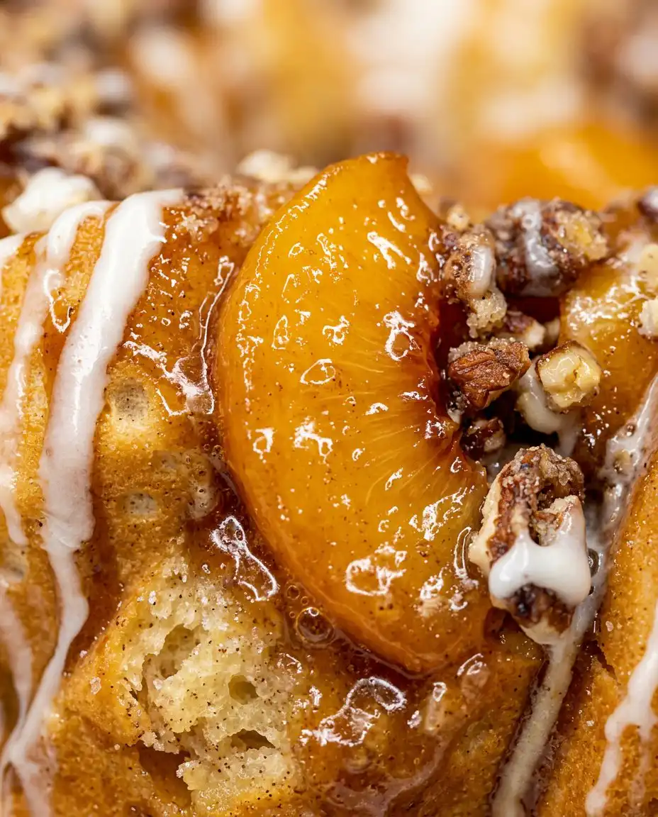 Whole Peach Cobbler Pound Cake 2 with glaze and drip on a cake stand