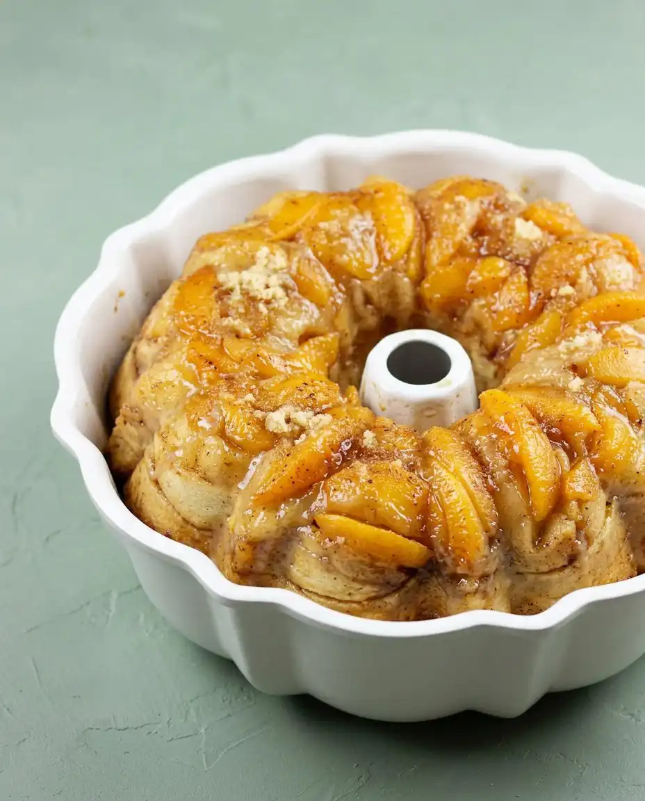 Cream Cheese Peach Cobbler Pound Cake 16 A slice of Cream Cheese Peach Cobbler Pound Cake served with a scoop of vanilla ice cream.