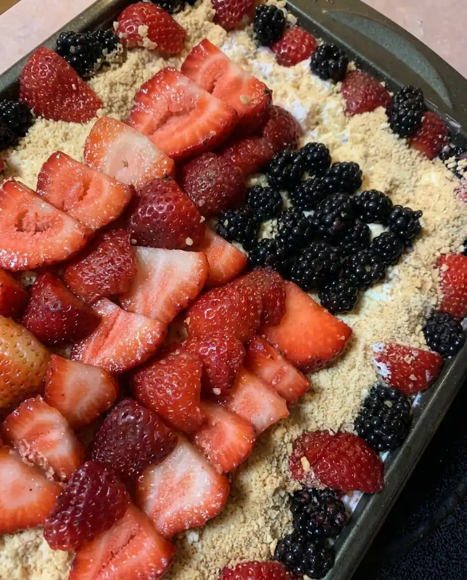 The full 9x13 pan of Red White & Blue Mixed Berry Yum Yum ready to serve