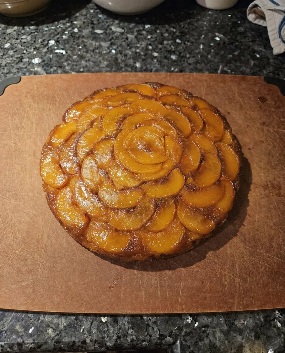 A slice of peach cake served on a white plate with whipped cream