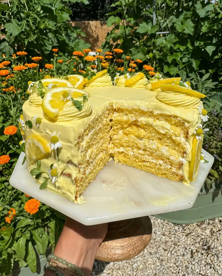 A slice of Lemon Chantilly Cake served on a plate with fresh berries.