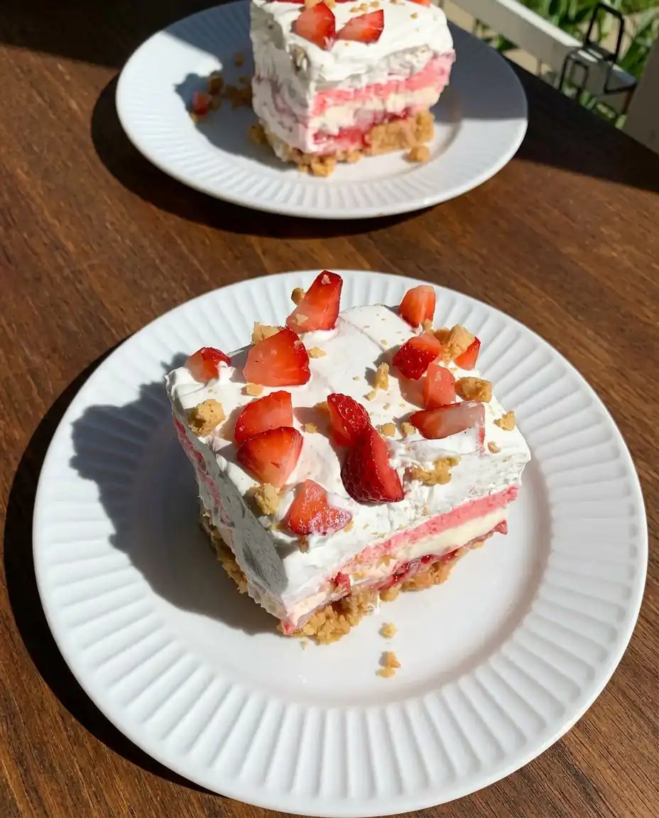 A square of No-Bake Strawberry Dream on a white dessert plate