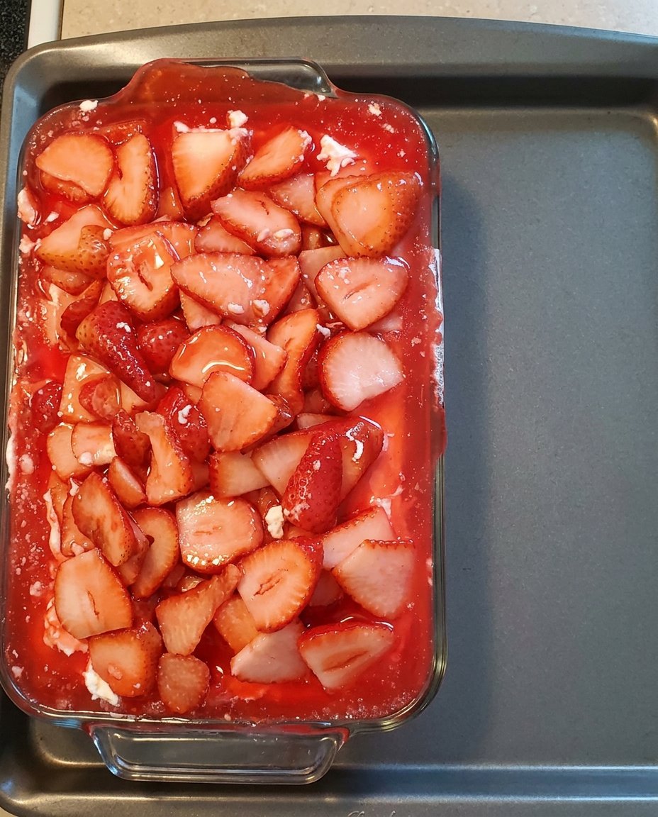 A square serving of Strawberry Heaven being lifted out of a glass dish