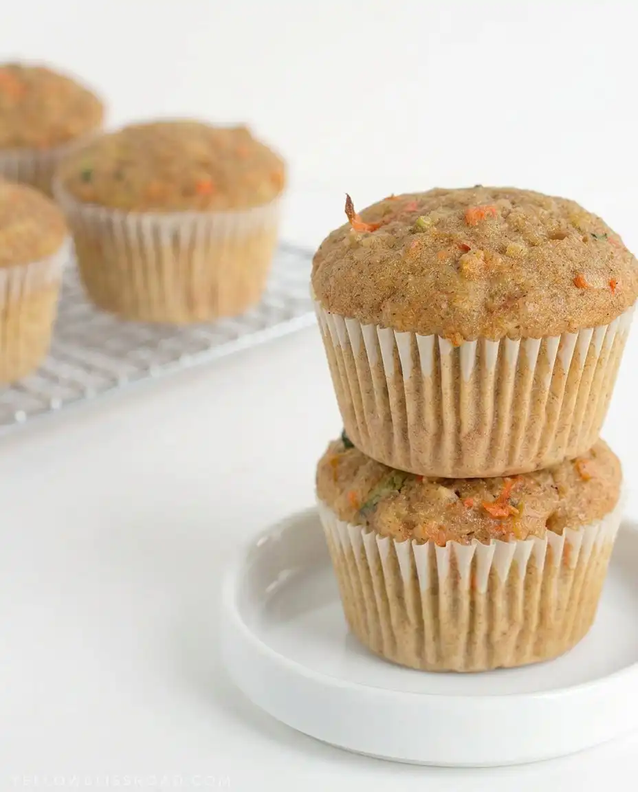 Zucchini Carrot Oatmeal Muffins served with coffee and a side of fruit