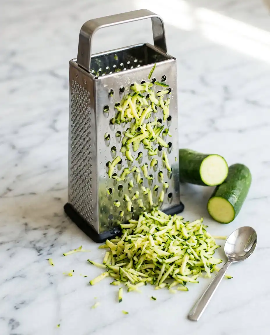 A bowl of finely shredded green zucchini ready for a Classic Chocolate Zucchini Cake recipe.