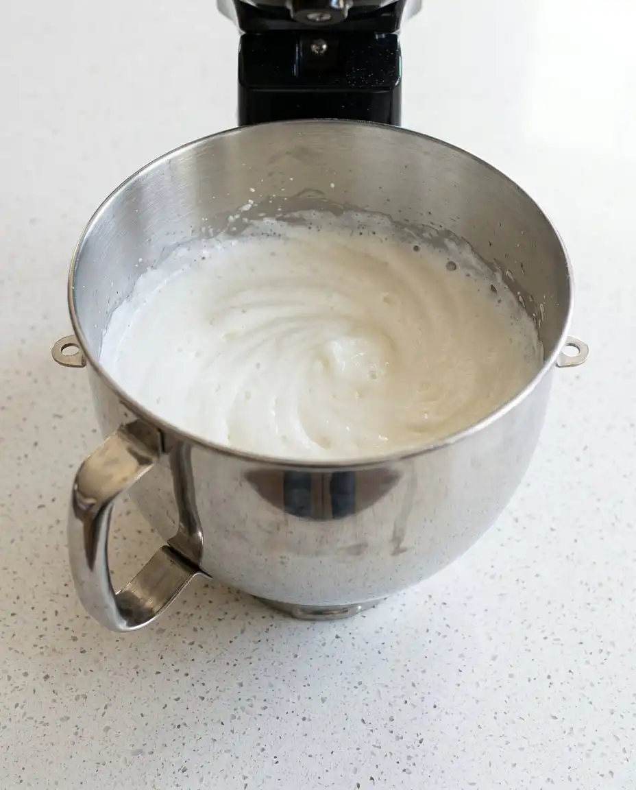 A close up of sifting flour for the Moist Blueberry Lemon Angel Food Cake recipe.