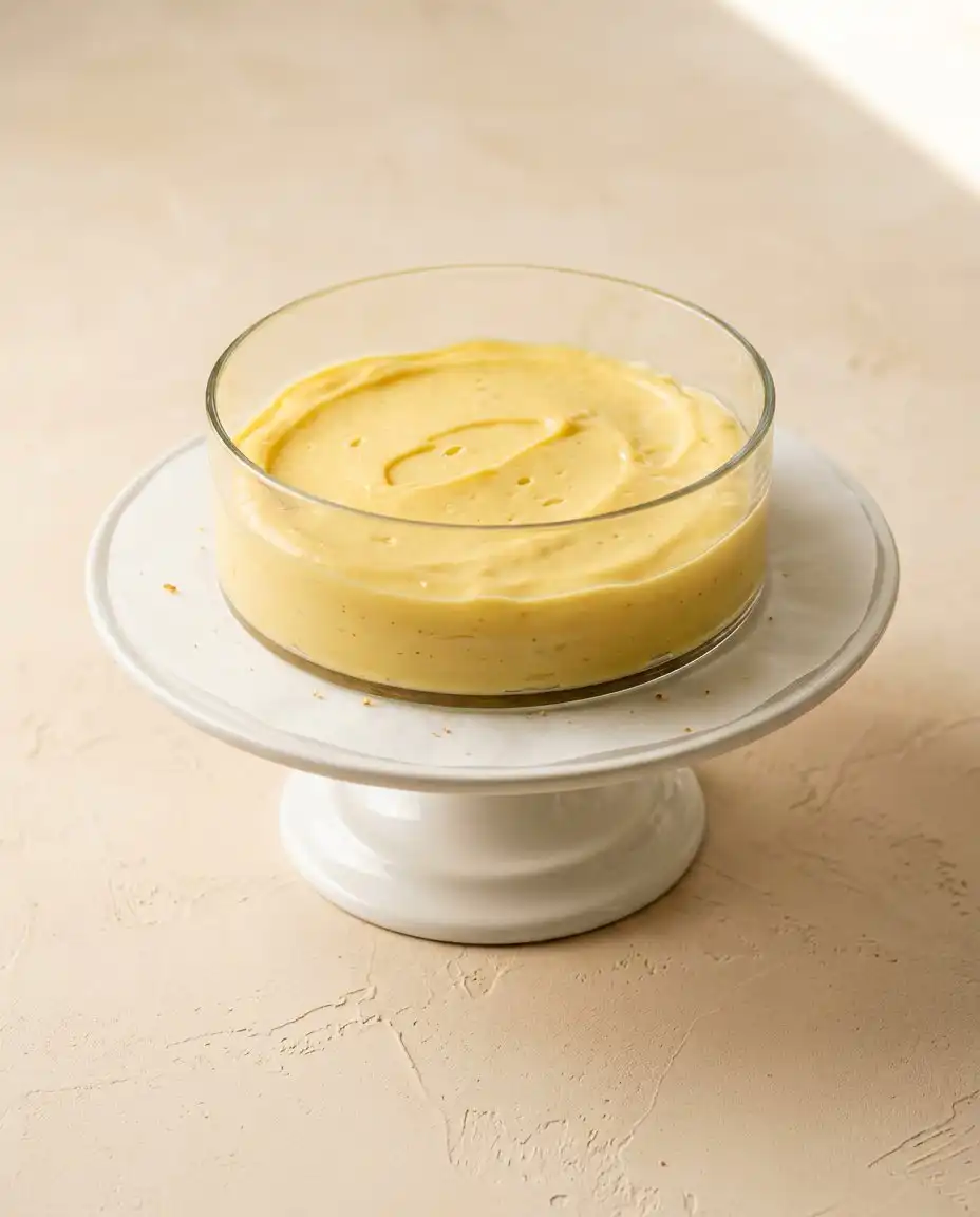 Glossy Swiss meringue frosting for a Classic Vanilla Bean Layer Cake being whipped in a mixer.