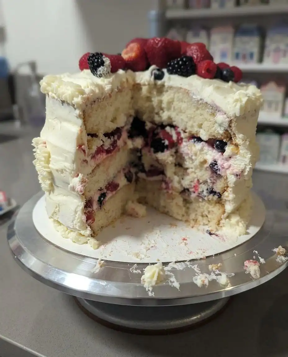Basic pantry ingredients like cake flour, sugar, butter, and frozen berries gathered for making a simple cake.