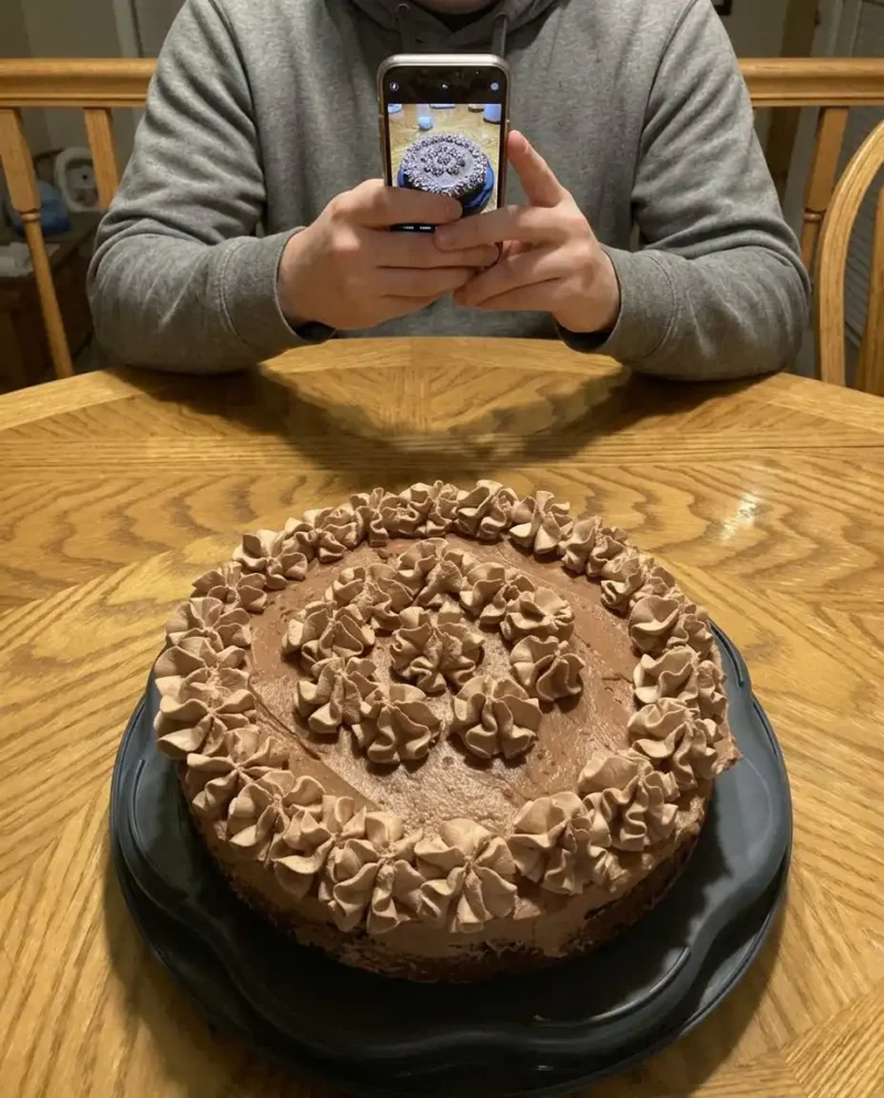 A thick slice of chocolate mousse cake with visible layers of sponge and mousse