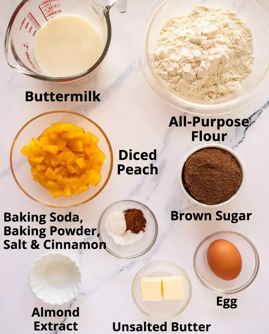 Basic ingredients like flour sugar and diced peaches on a wooden counter