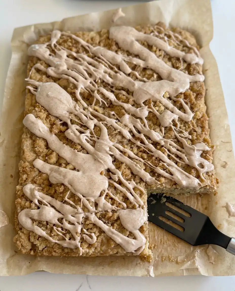 Zucchini Crumb Cake 10 A freshly baked zucchini crumb cake with cinnamon glaze on a wooden counter