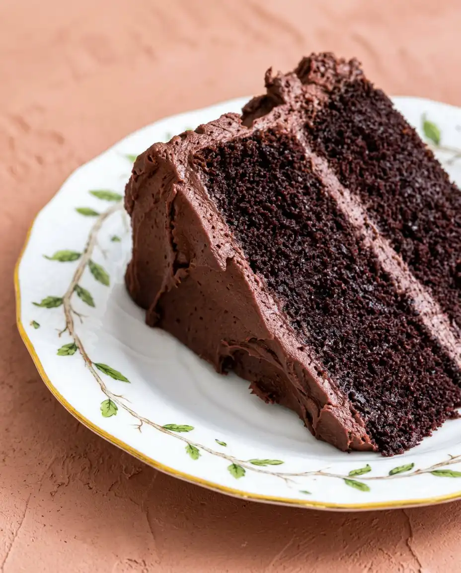 Devil's Food Layer Cake 16 A single slice of Devil's Food Layer Cake showing the tender crumb structure.