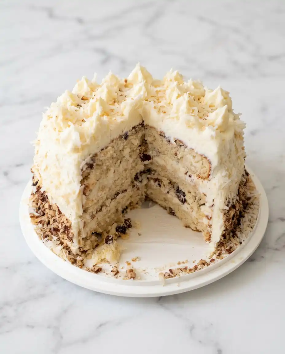 A single slice of Three-Layer Italian Cream Cake showing the fluffy crumb