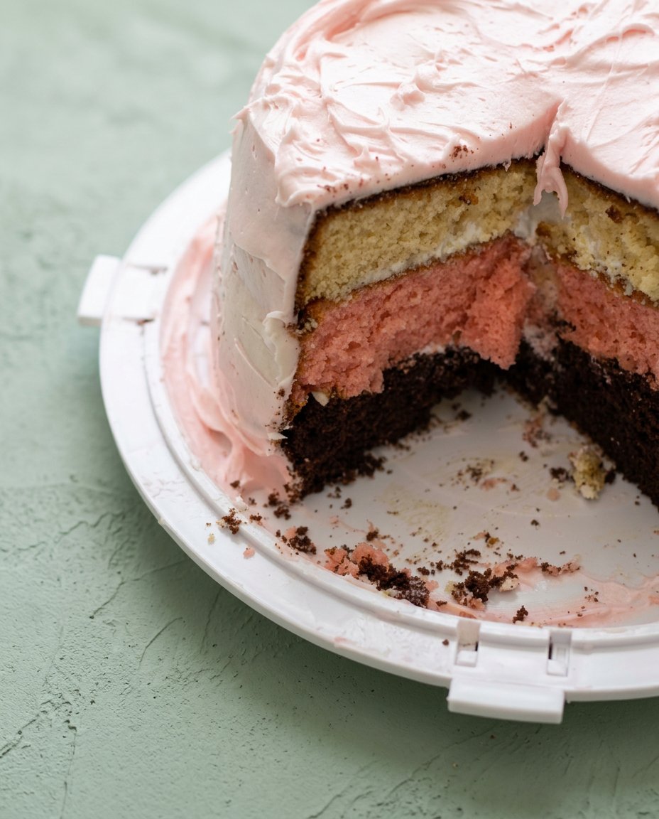 A single slice of Neapolitan Anniversary Cake showing the distinct chocolate strawberry and vanilla layers.