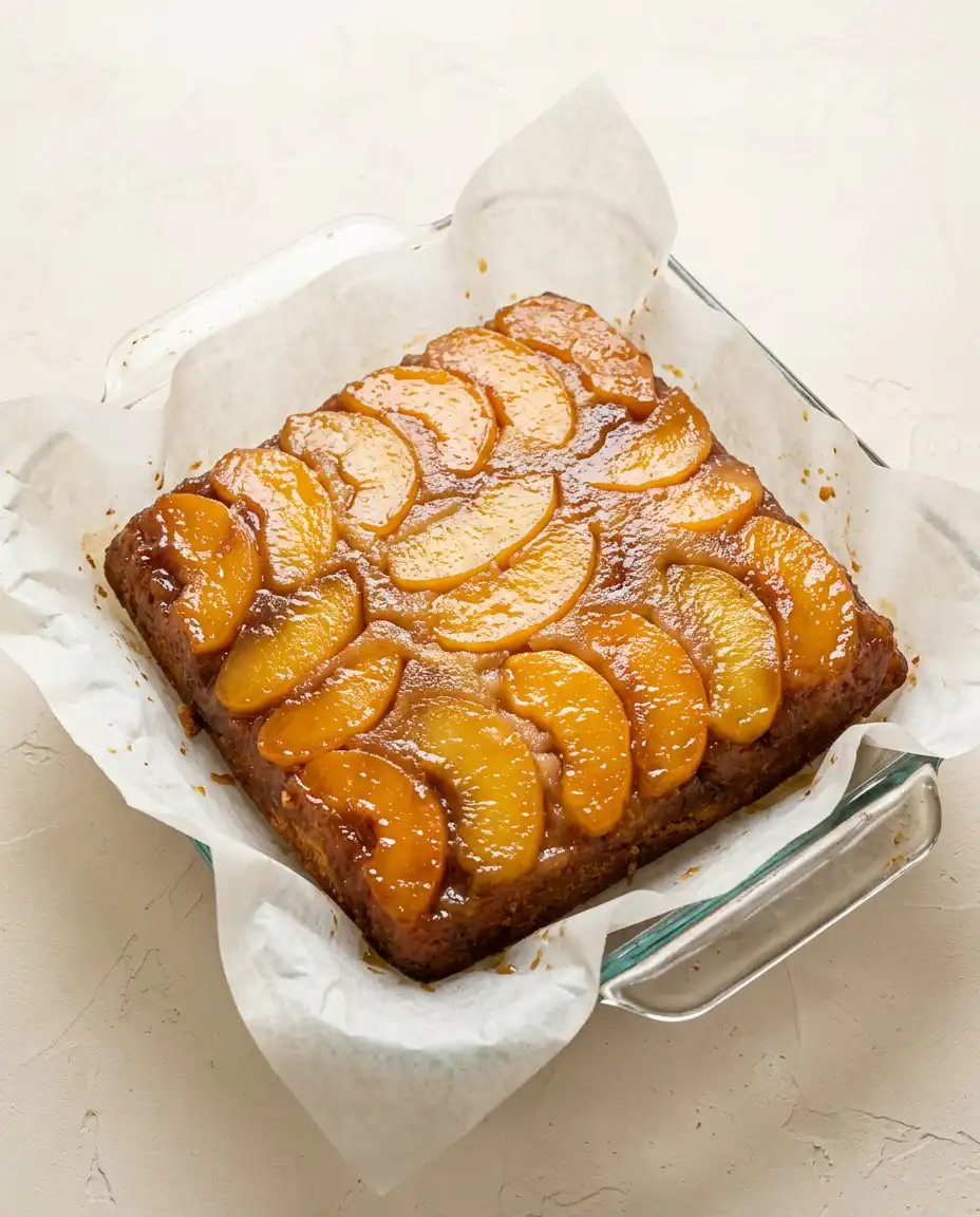 Classic Peach Upside Down Cake 16 A single slice of Classic Peach Upside Down Cake served with whipped cream.