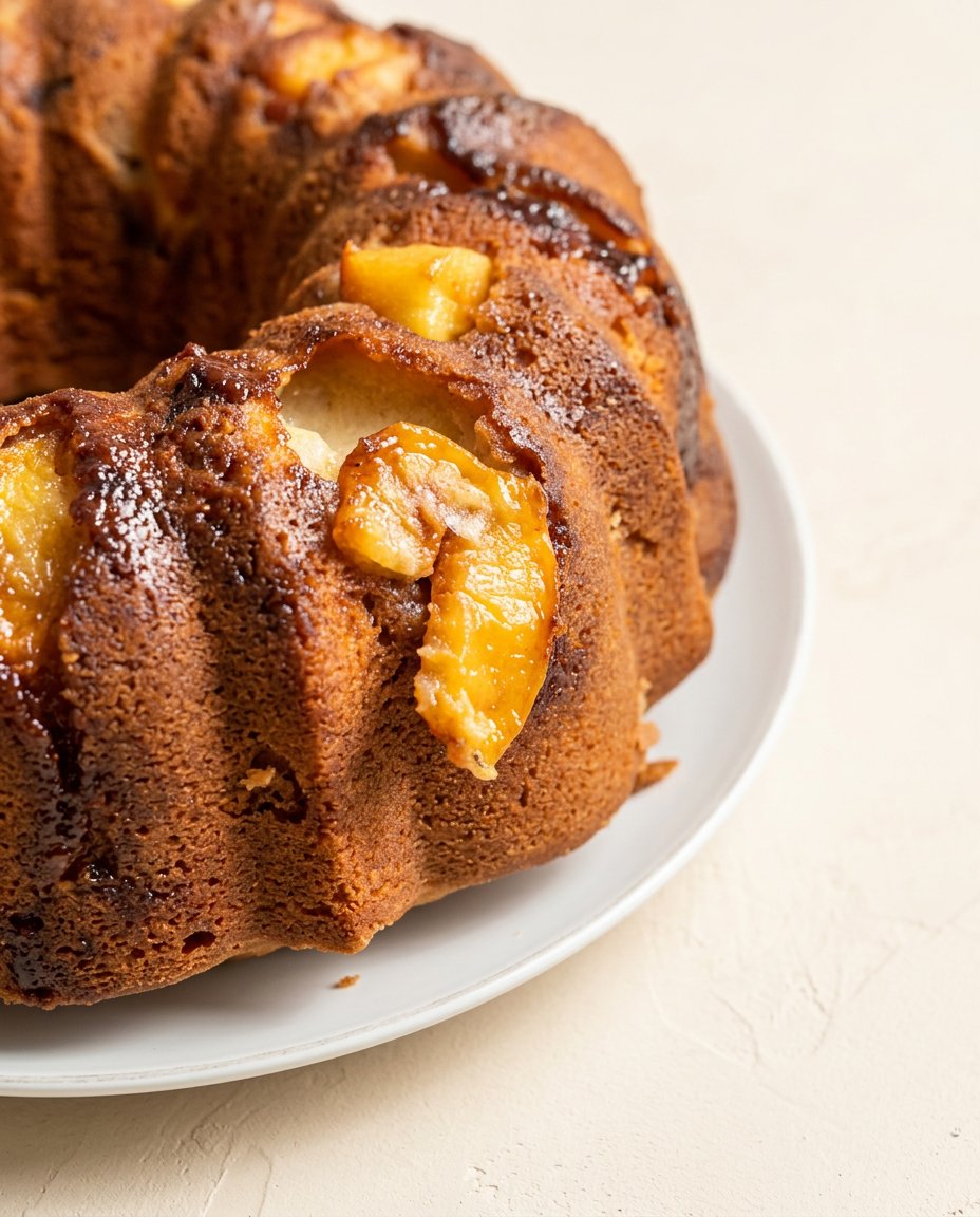 A thick slice of Old-Fashioned Peach Cobbler Pound Cake Recipe topped with whipped cream.