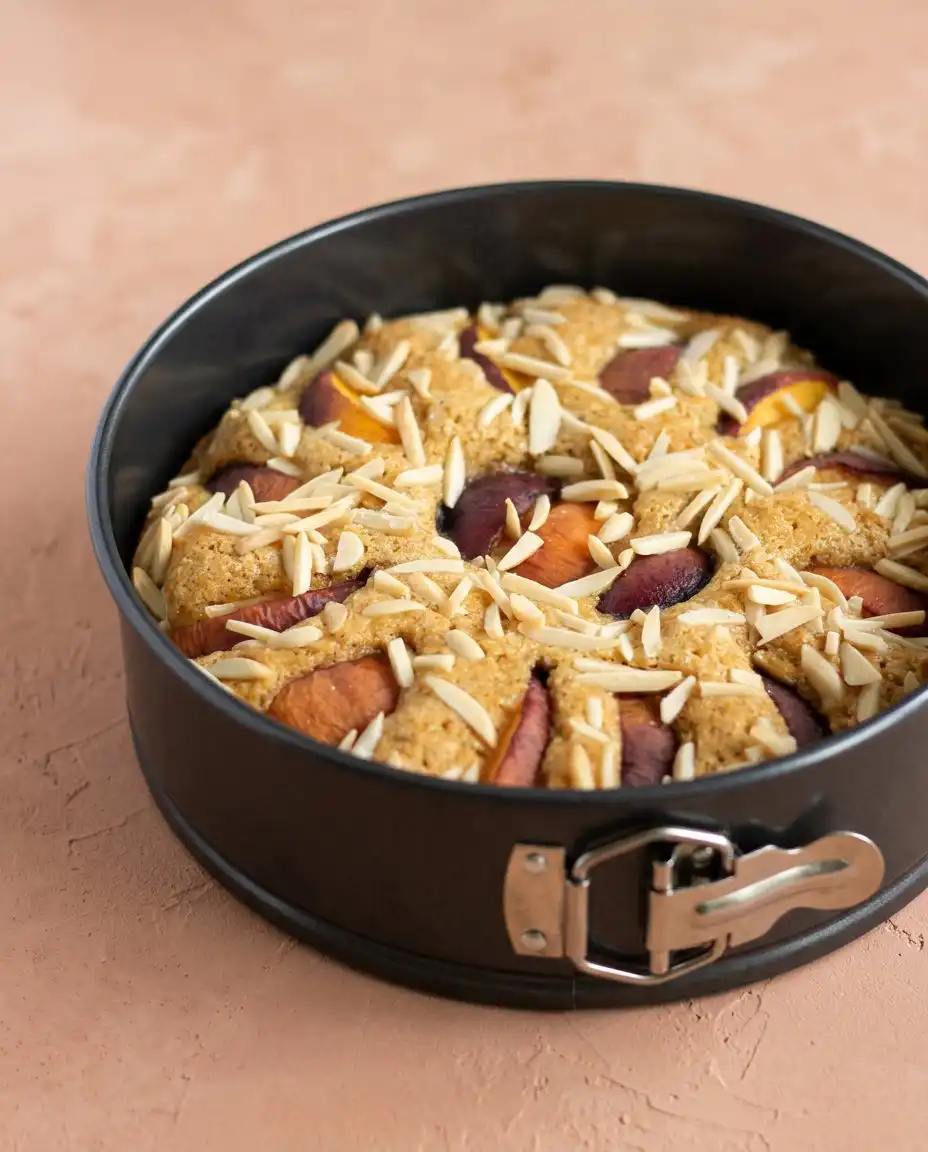 A single slice of Sour Cream Peach Coffee Cake drizzled with white vanilla glaze on a plate.