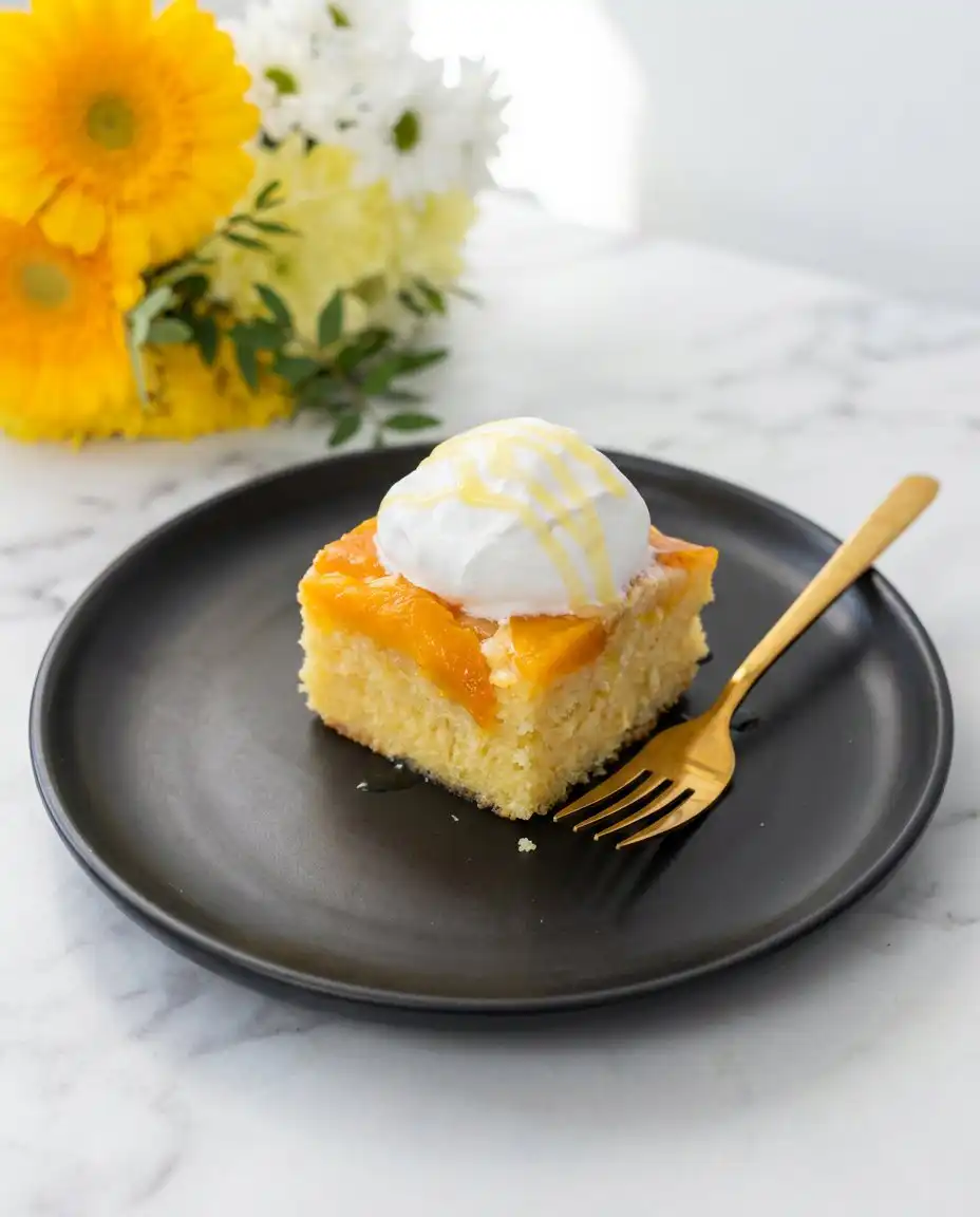 Brown Sugar Peach Upside Down Cake 16 A single slice of Brown Sugar Peach Upside Down Cake served on a white plate.