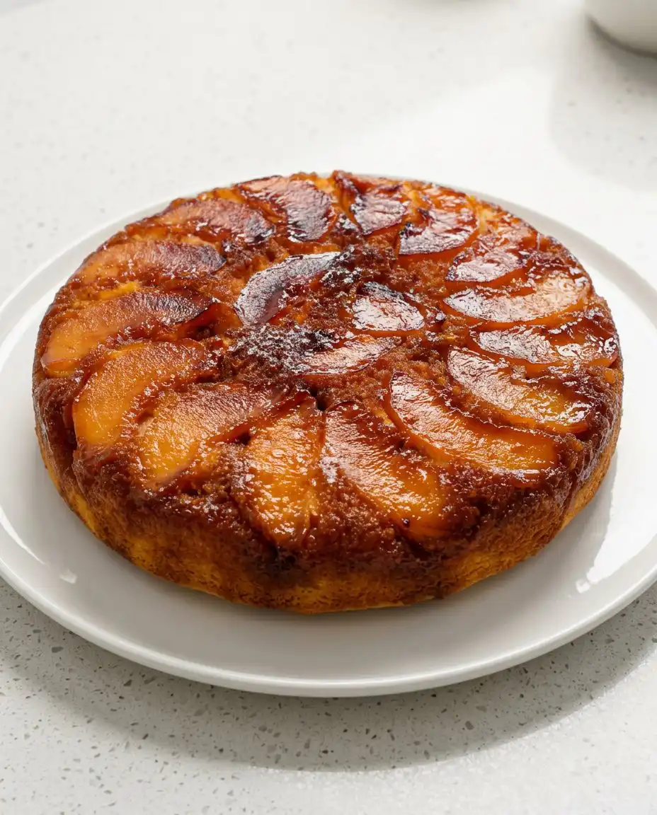 A single slice of No Bake Caramel Peach Upside Down Cake topped with syrupy peaches.