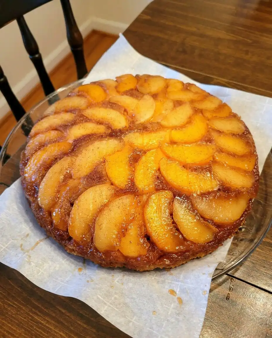 A slice of peach upside down cake served on a plate with a scoop of vanilla ice cream.