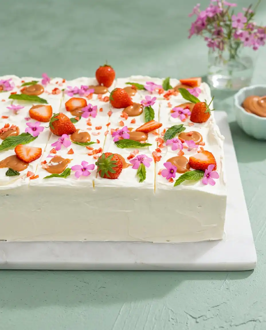 A single slice of the Best Strawberry Sheet Cake showing the berry and buttercream layers.