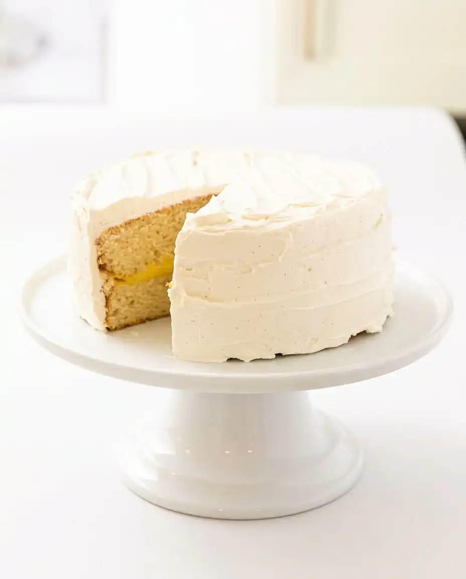 A single slice of Classic Vanilla Bean Layer Cake showing the pastry cream center.