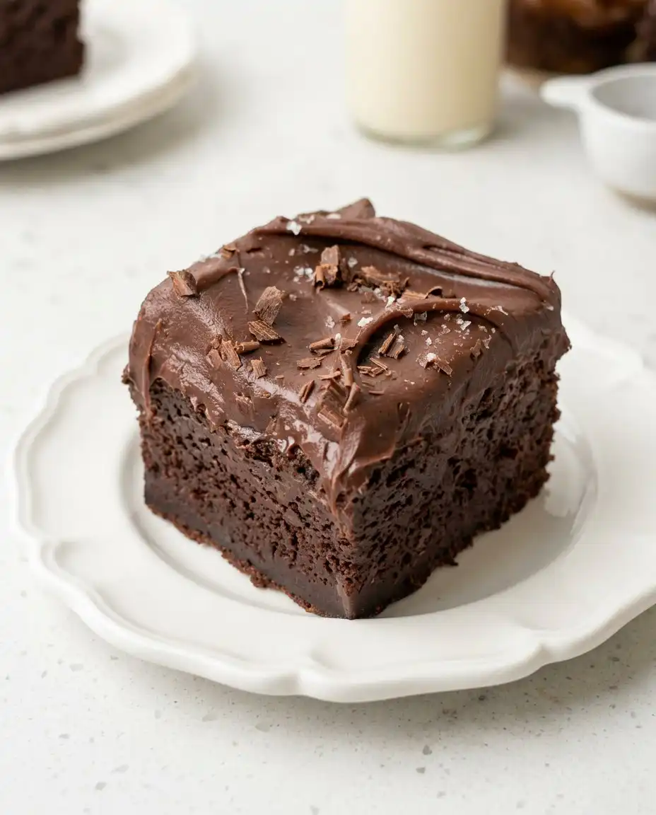A thick slice of Vegan Chocolate Zucchini Cake served on a vintage floral plate.