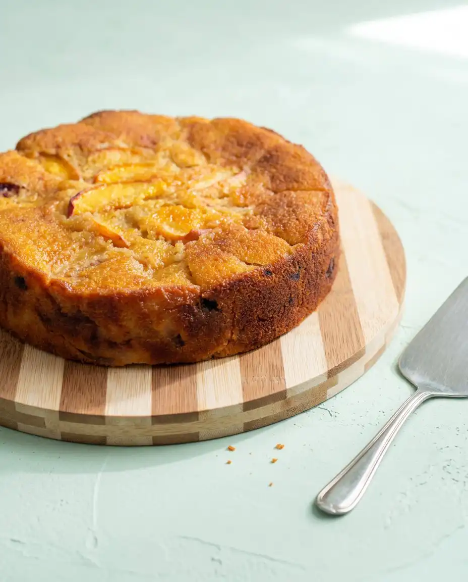 Brown Butter Fresh Peach Cake 16 A single slice of Brown Butter Fresh Peach Cake served on a white ceramic plate.