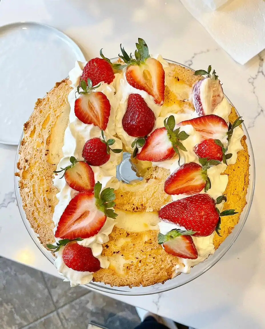 A slice of angel food cake showing the layers of coconut cream and colorful berries.