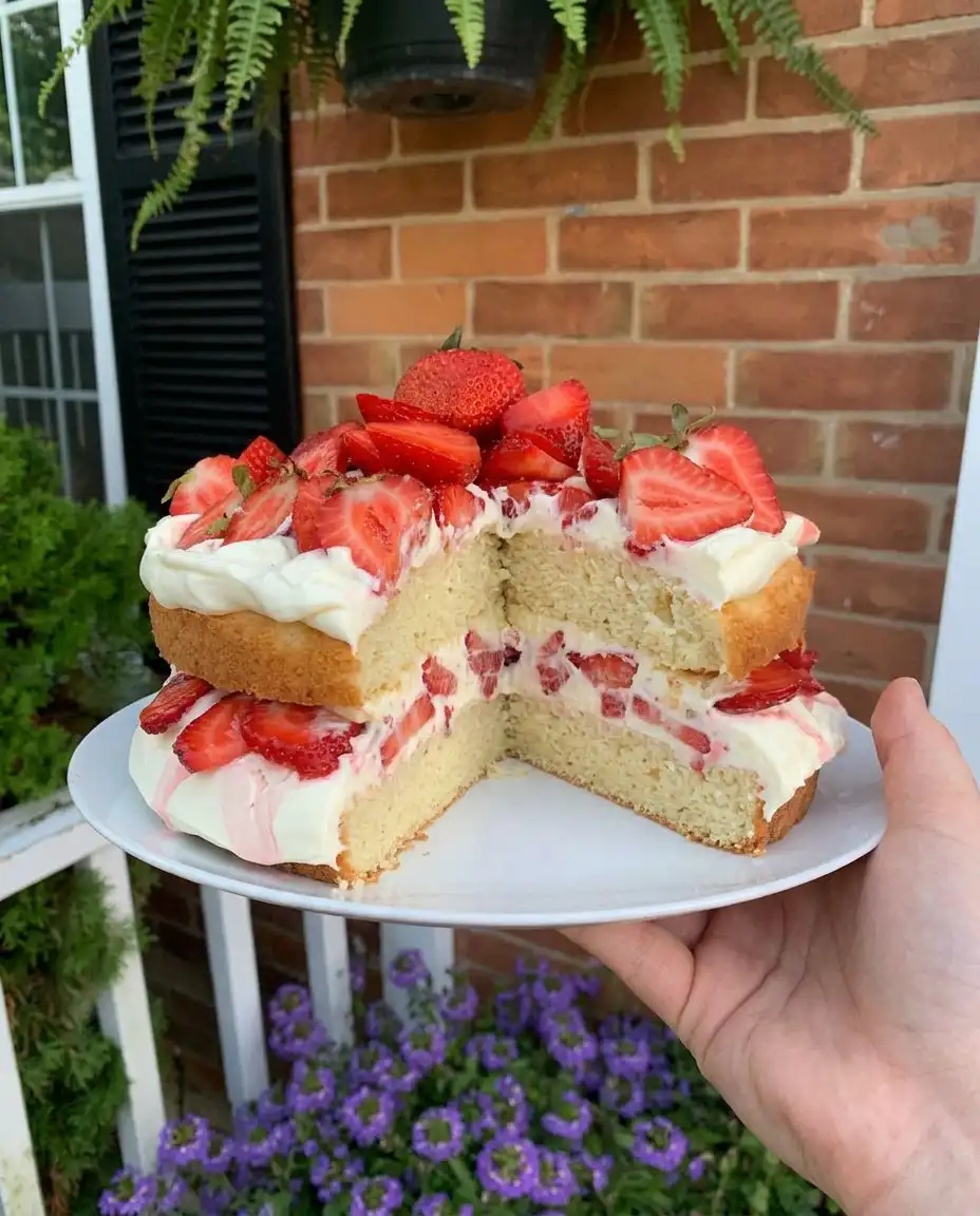 A thick slice of Strawberry ‘Shortcake’ Layer Cake showing the cream and berry layers